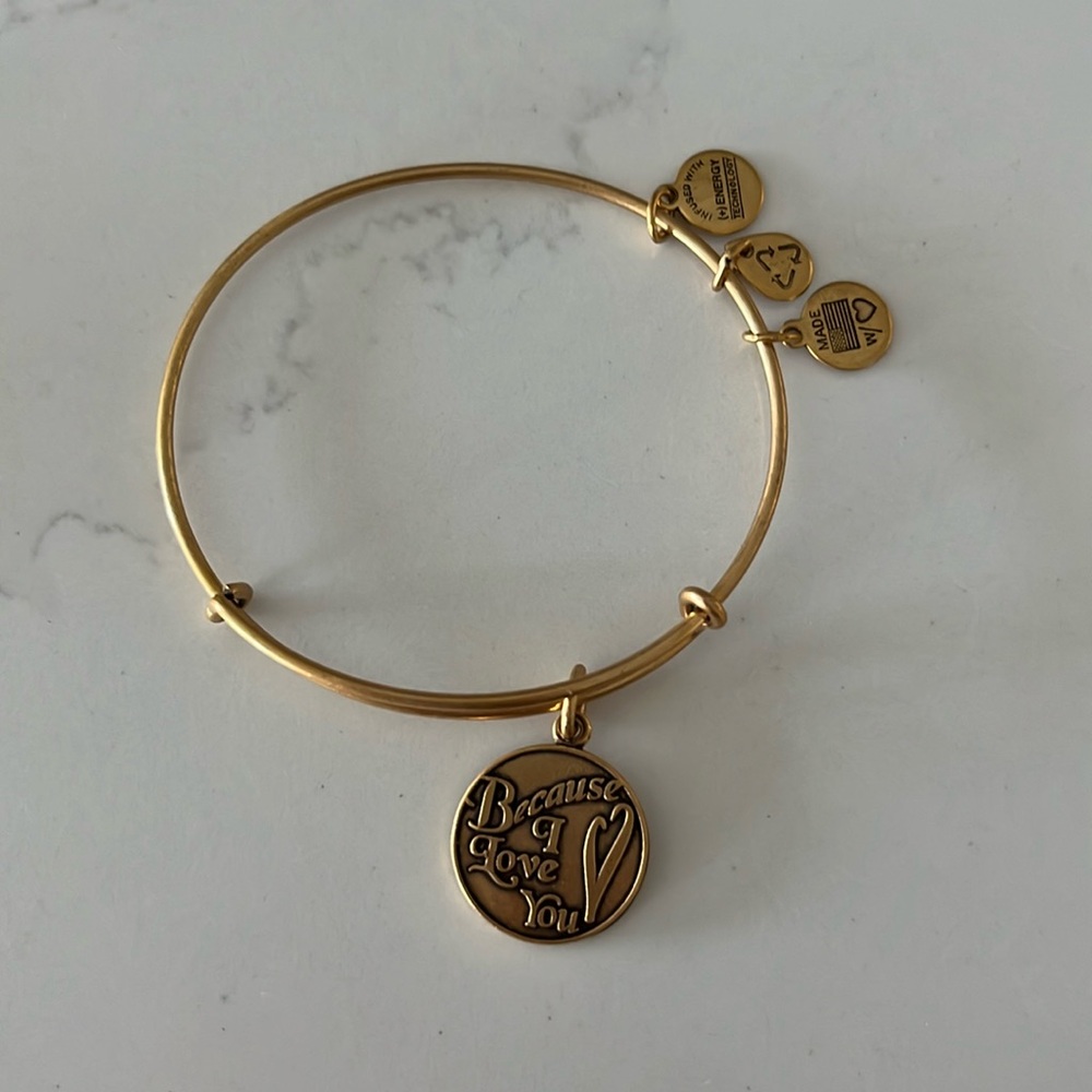 Alex and Ani gold bracelet—Because I Love You charm.